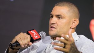 Dustin Poirier speaks during a fan Q&A