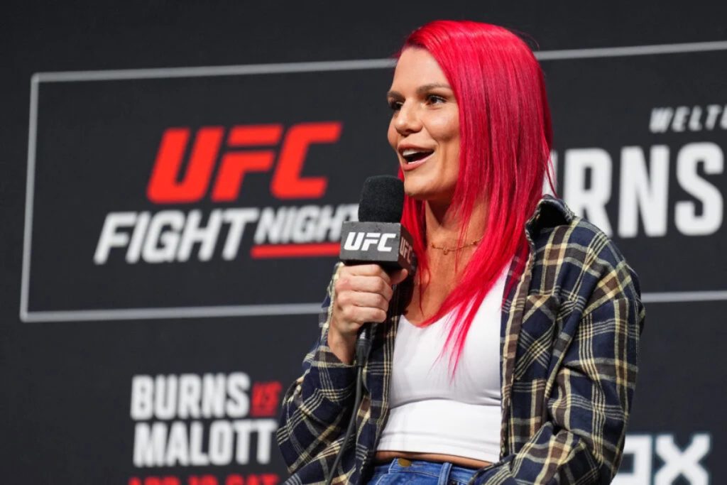 Gillian Robertson speaks to reporters during a UFC Fight Night press event
