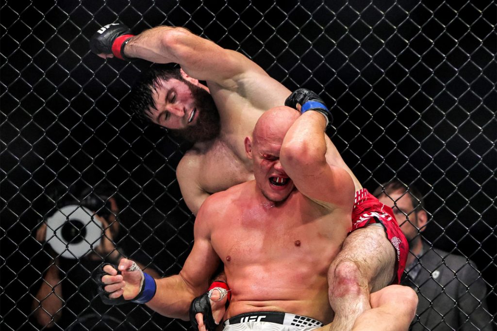 Magomed Ankalaev drops an elbow on Bogdan Guskov at UFC Abu Dhabi