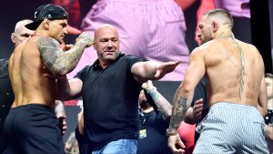 Dustin Poirier and Conor McGregor face off at the UFC 264 ceremonial weigh-in