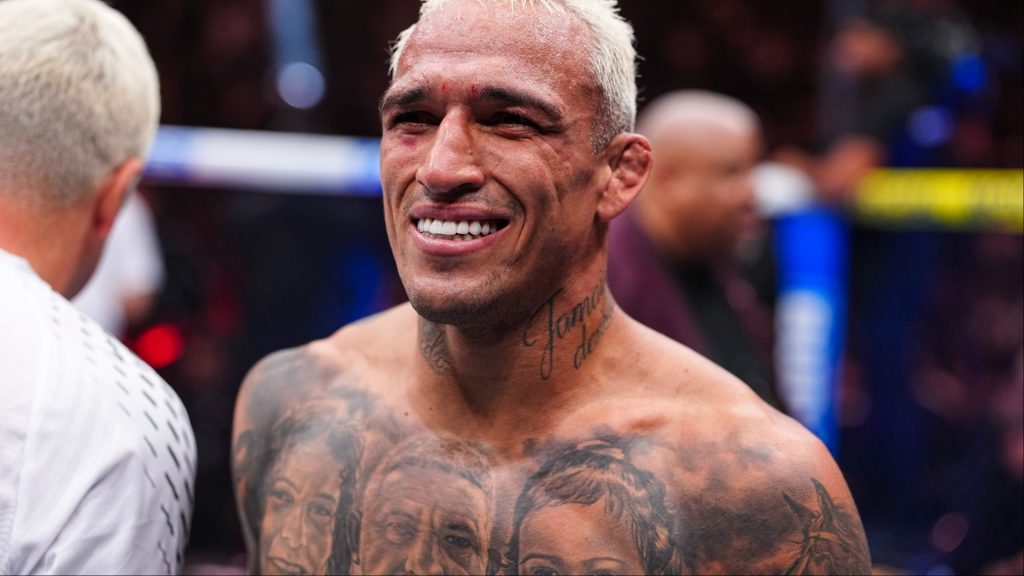 Charles Oliveira in the Octagon after his fight at UFC 326
