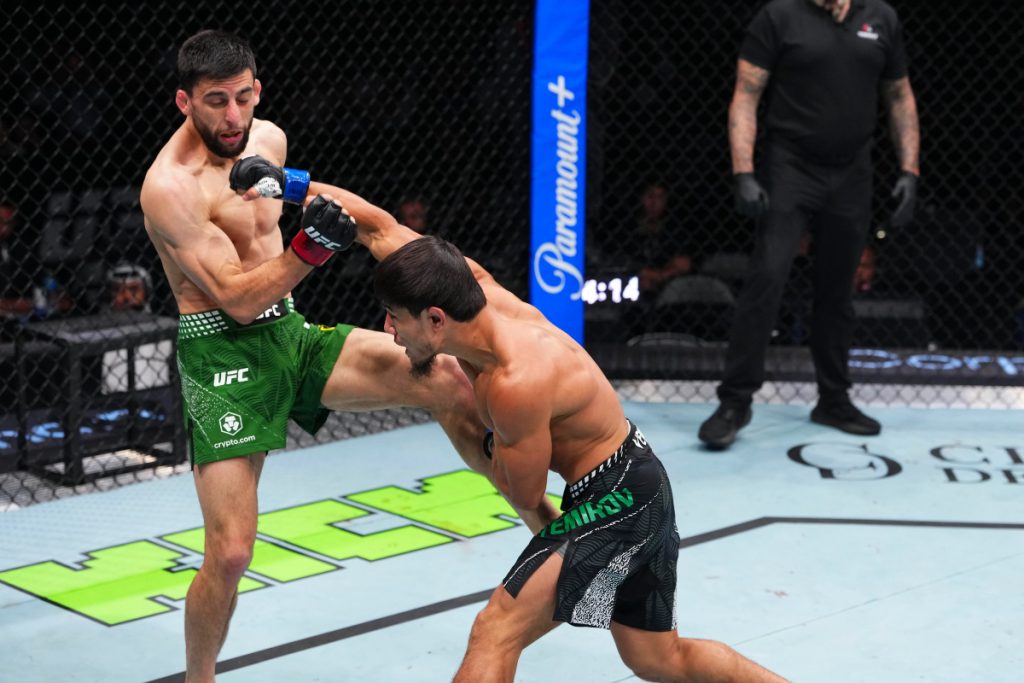 Steve Erceg is hit with a punch from Ramazan Temirov at UFC Abu Dhabi